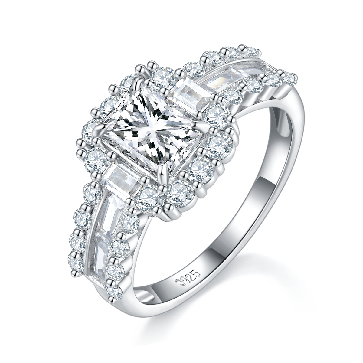 Emerald Cut Women's Ring S925 Silver Plated Platinum Customized Selection Main Stone Moissanite Diamond 1.0ct/Secondary Stone High Carbon Diamond