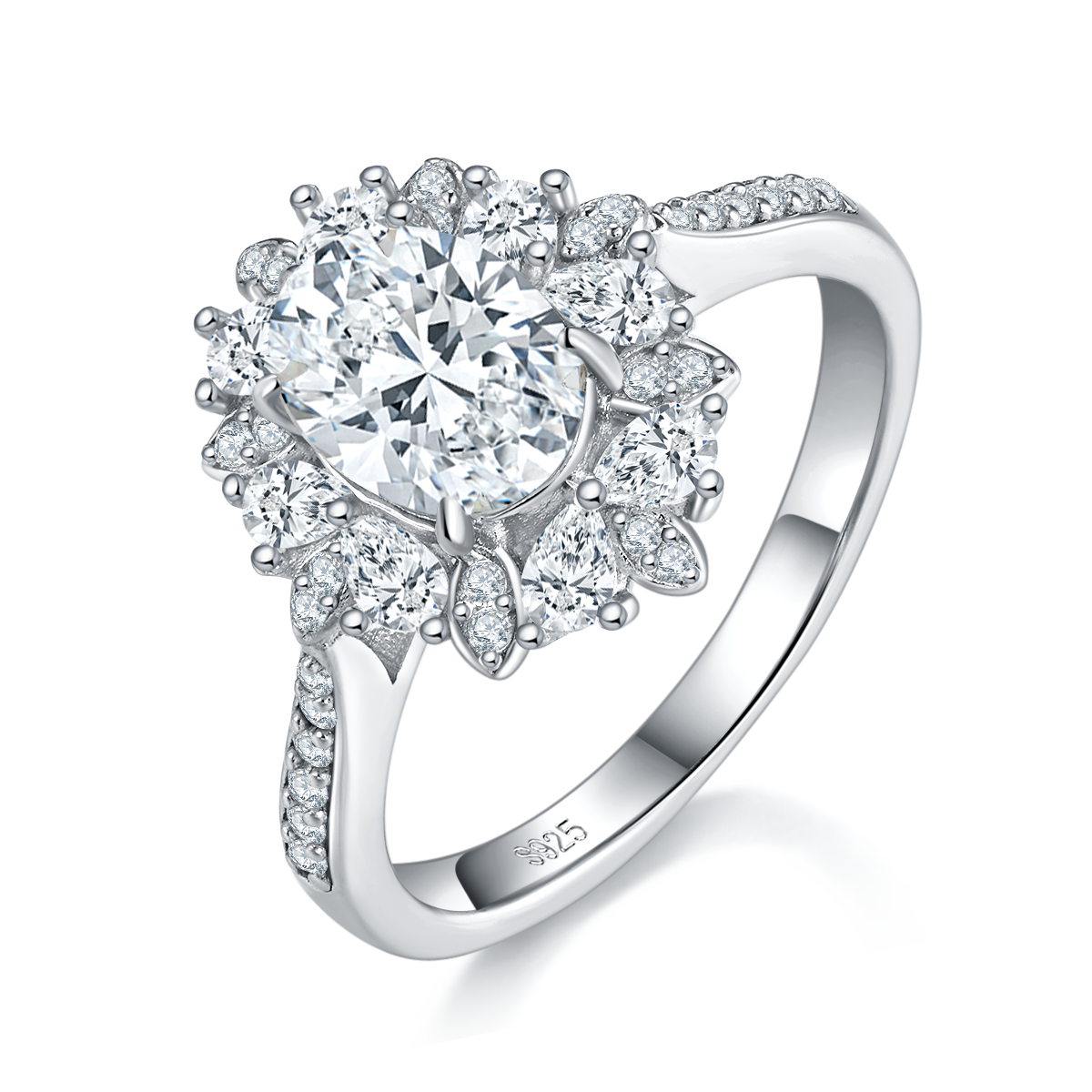 蛋形女戒S925银镀白金定制选款主石莫桑钻1.5ct/副石高碳钻