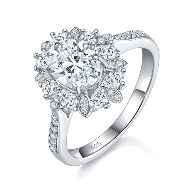 蛋形Women's RingS925银镀白金定制选款主石Moissanite1.5ct/副石高碳钻