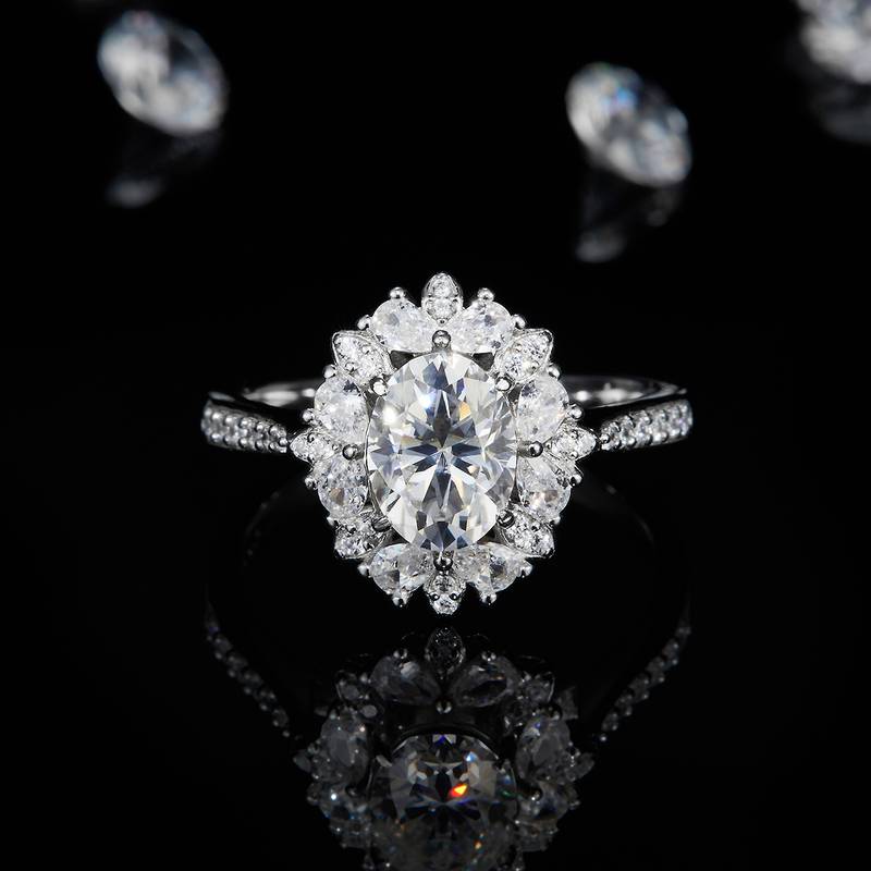 蛋形Women's RingS925银镀白金定制选款主石Moissanite1.5ct/副石高碳钻