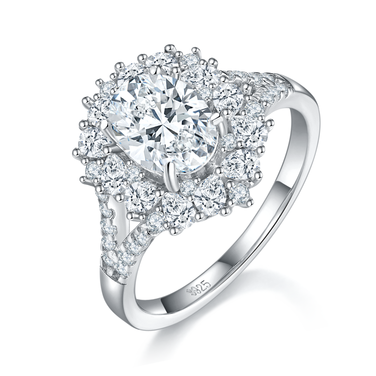 Egg shaped Women's Ring S925 Silver Plated Platinum Customized Selection Main Stone Moissanite Diamond 1.5ct/Secondary Stone High Carbon Diamond