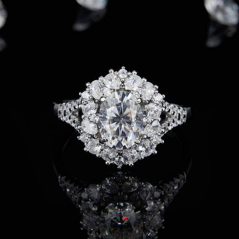 蛋形女戒S925银镀白金定制选款主石莫桑钻1.5ct/副石高碳钻
