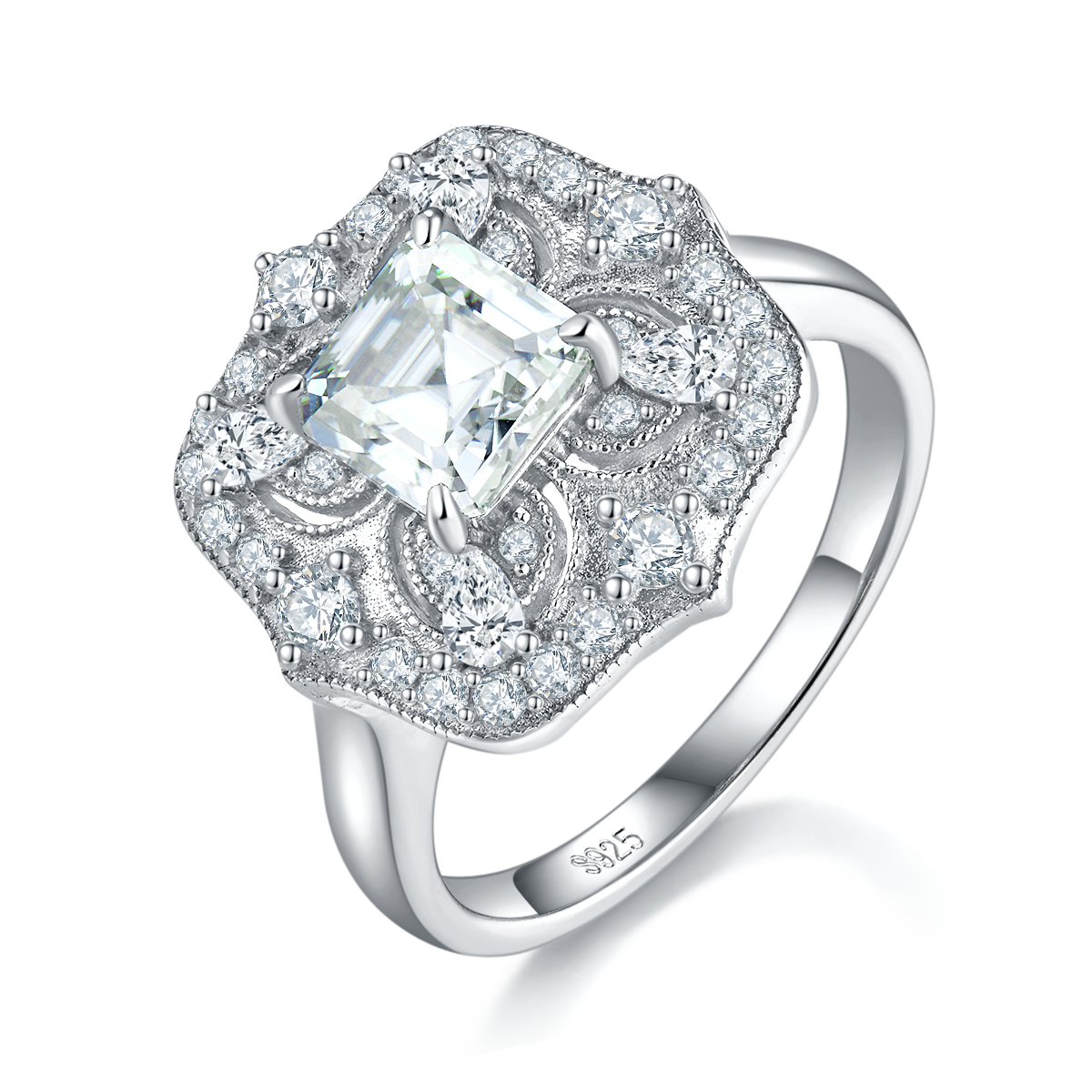 公主方女戒S925银镀白金定制选款主石莫桑钻1.0ct/副石高碳钻