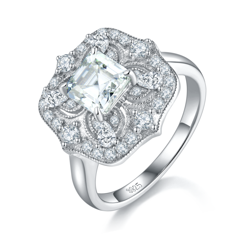 公主方女戒S925银镀白金定制选款主石莫桑钻1.0ct/副石高碳钻