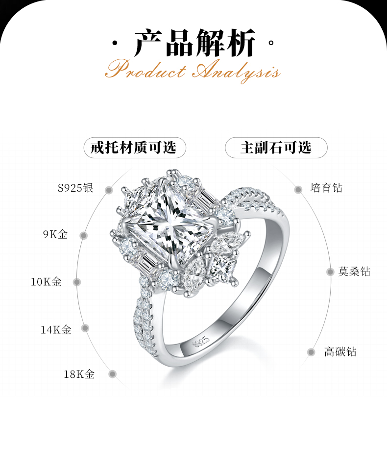雷迪恩S925银镀白金定制选款主石莫桑钻2.0ct/副石高碳钻 - 2