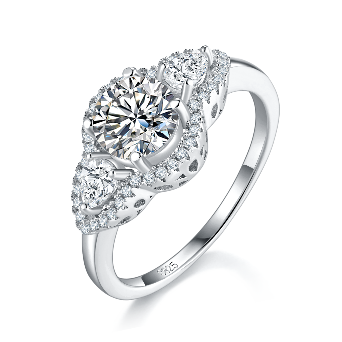 Three Stone Women's Ring S925 Silver Plated Platinum Customized Selection Main Stone Moissanite Diamond 1.0ct/Secondary Stone High Carbon Diamond