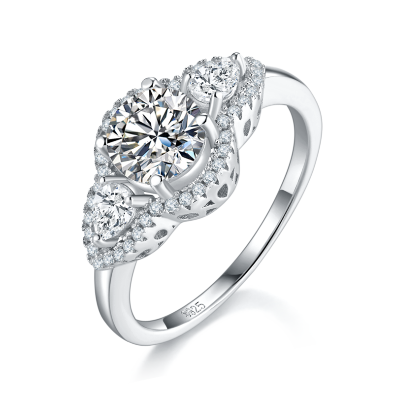 三石Women's RingS925银镀白金定制选款主石Moissanite1.0ct/副石高碳钻