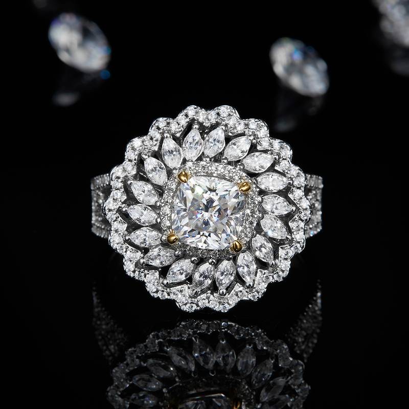 枕形Women's RingS925银镀白金+K黄定制选款主石Moissanite1.0ct/副石高碳钻