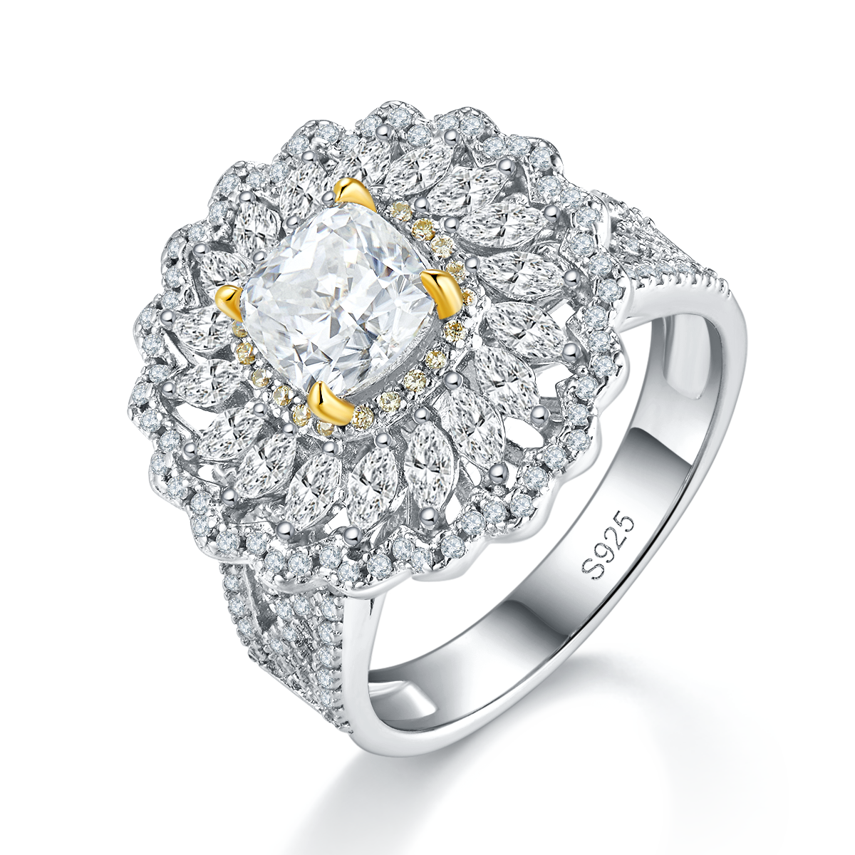 Pillow shaped Women's Ring S925 Silver Plated Platinum+K Yellow Customized Selection Main Stone Moissanite Diamond 1.0ct/Secondary Stone High Carbon Diamond