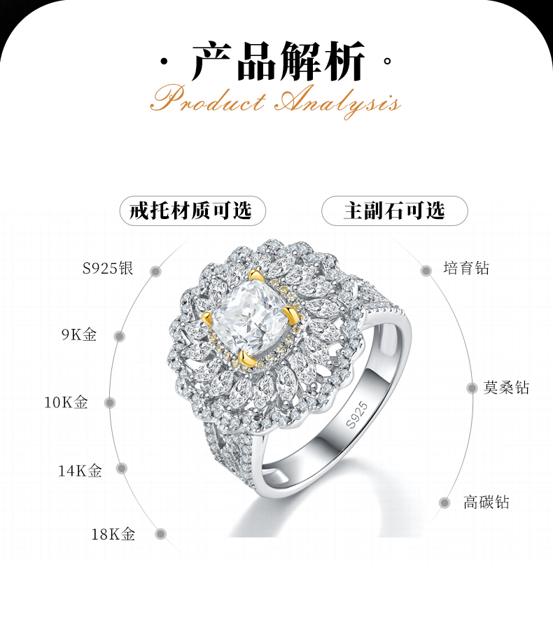 枕形女戒S925银镀白金+K黄定制选款主石莫桑钻1.0ct/副石高碳钻 - 2