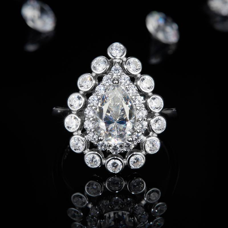 水滴Women's RingS925银镀白金定制选款主石Moissanite1.5ct/副石高碳钻