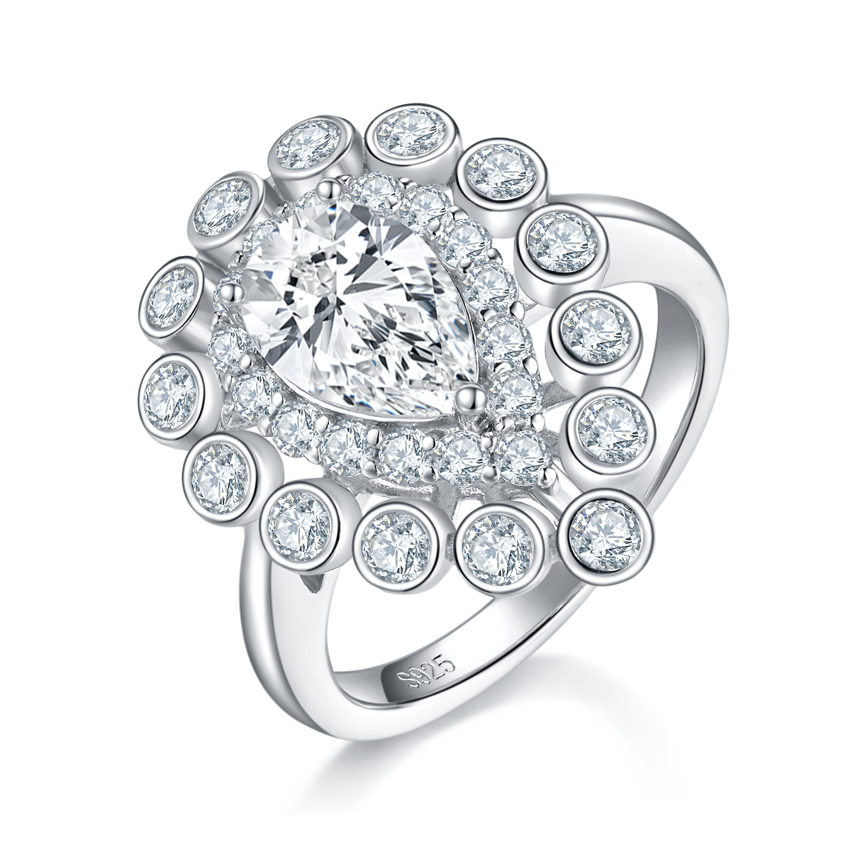 水滴女戒S925银镀白金定制选款主石莫桑钻1.5ct/副石高碳钻