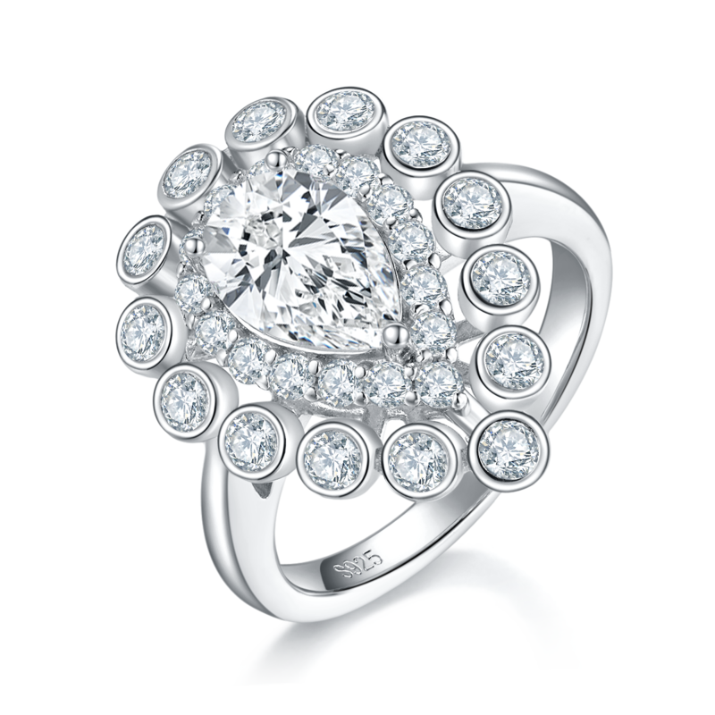 水滴Women's RingS925银镀白金定制选款主石Moissanite1.5ct/副石高碳钻