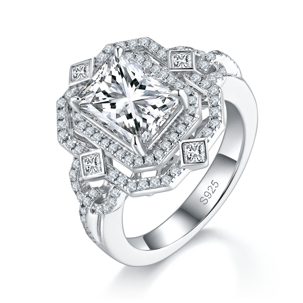 祖母绿切割女戒S925银镀白金定制选款主石莫桑钻3.0ct/副石高碳钻