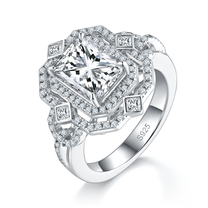 祖母绿切割Women's RingS925银镀白金定制选款主石Moissanite3.0ct/副石高碳钻