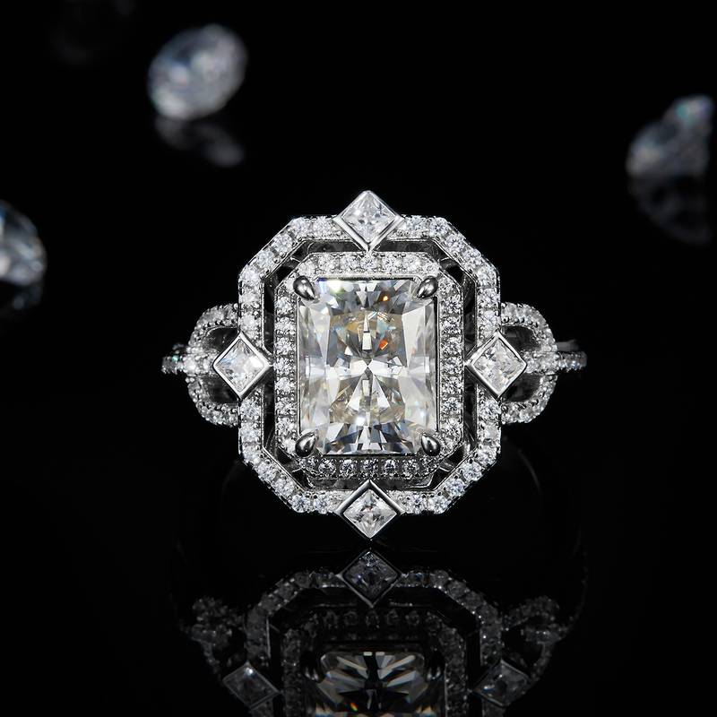 祖母绿切割Women's RingS925银镀白金定制选款主石Moissanite3.0ct/副石高碳钻