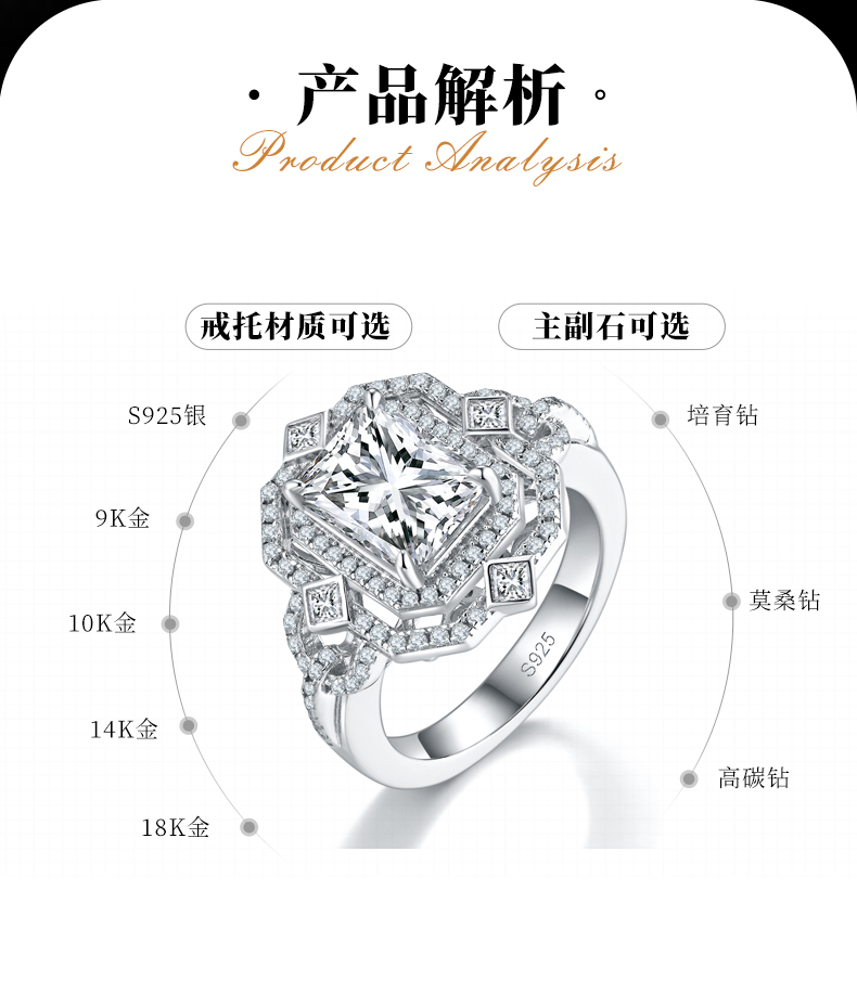 祖母绿切割女戒S925银镀白金定制选款主石莫桑钻3.0ct/副石高碳钻 - 2