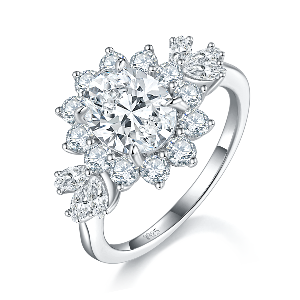 蛋形女戒S925银镀白金定制选款主石莫桑钻2.0ct/副石高碳钻