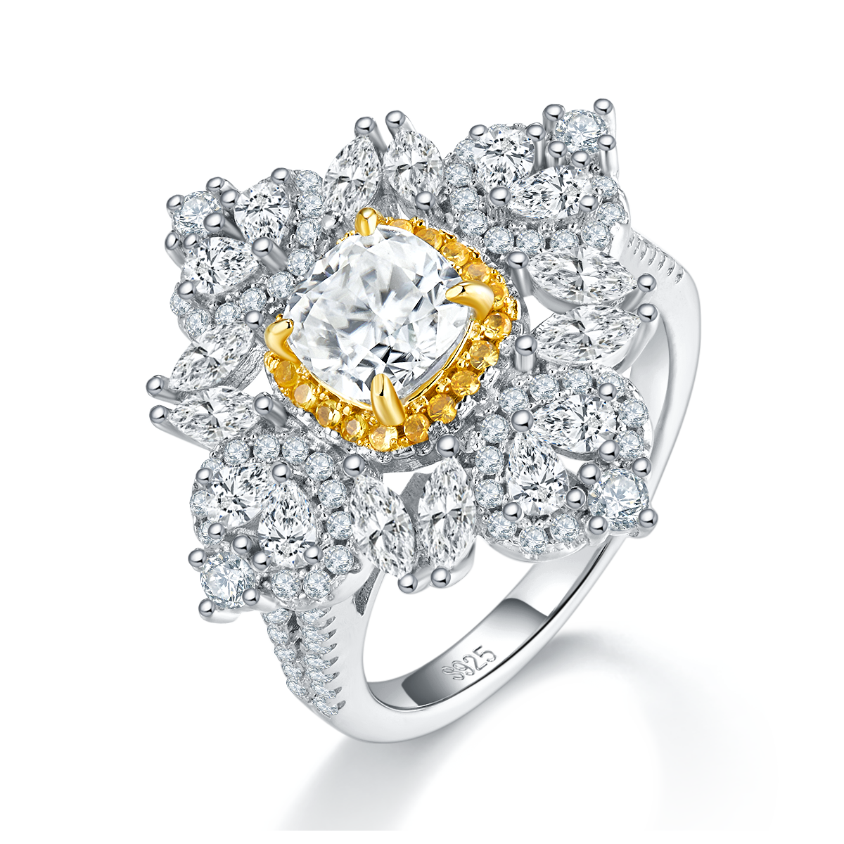 枕形女戒S925银镀白金+K黄定制选款主石莫桑钻1.0ct/副石高碳钻