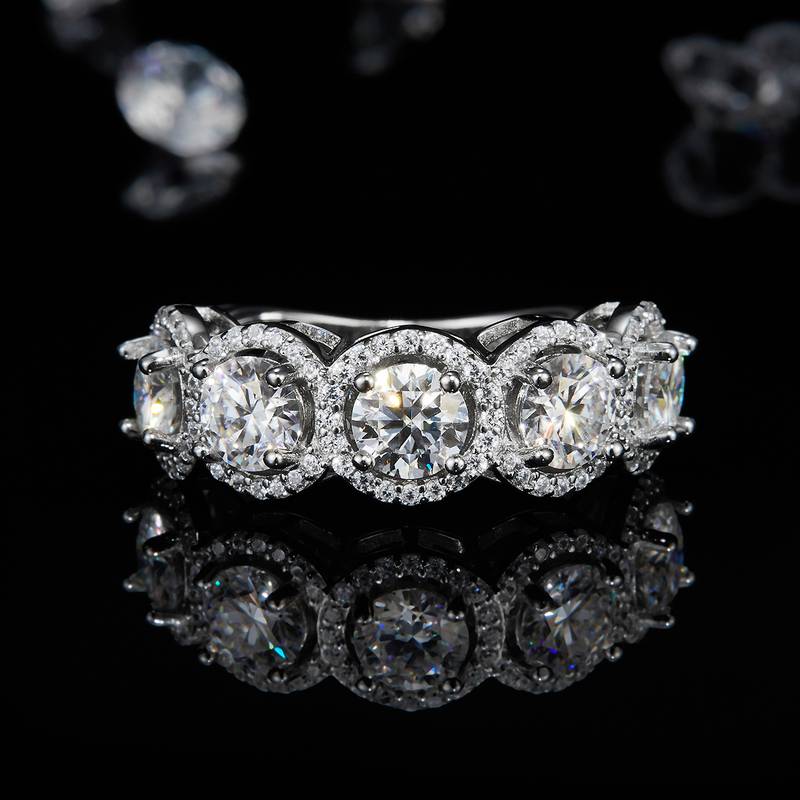 圆包排戒S925银镀白金定制选款主石Moissanite2.5ct/副石高碳钻
