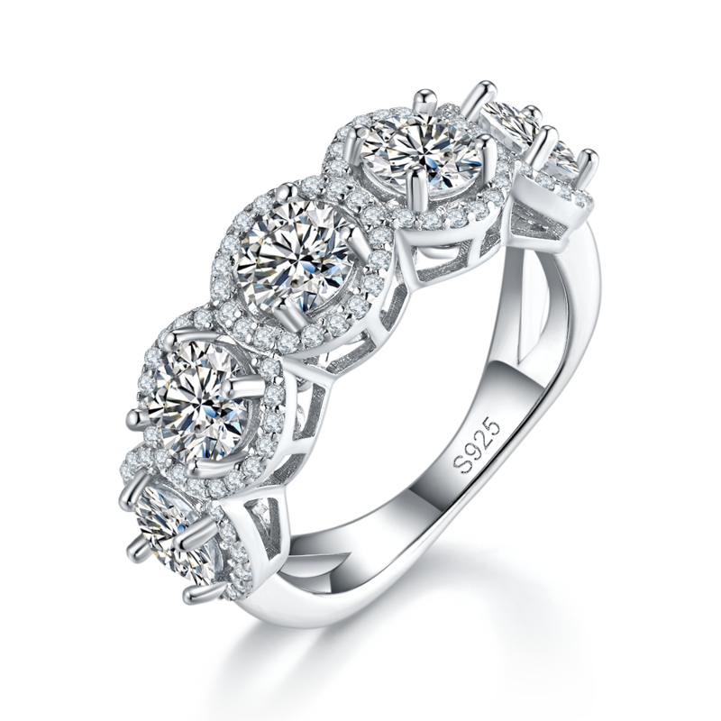 圆包排戒S925银镀白金定制选款主石Moissanite2.5ct/副石高碳钻