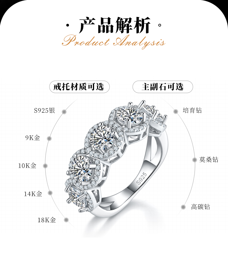 圆包排戒S925银镀白金定制选款主石莫桑钻2.5ct/副石高碳钻 - 2