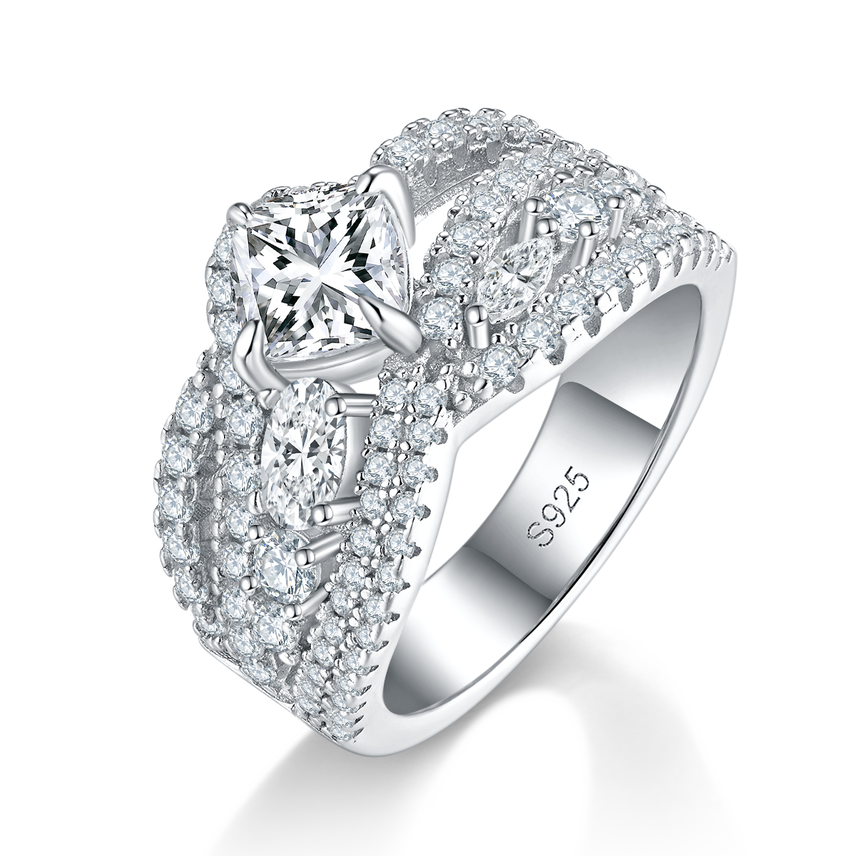 Luxury Full Diamond Women's Ring S925 Silver Plated Platinum Customized Selection Main Stone Moissanite 1.0ct/Secondary Stone High Carbon Diamond