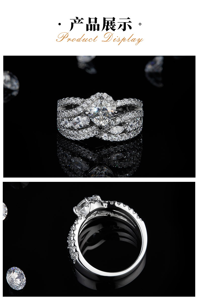 豪华满钻女戒S925银镀白金定制选款主石莫桑钻1.0ct/副石高碳钻 - 3