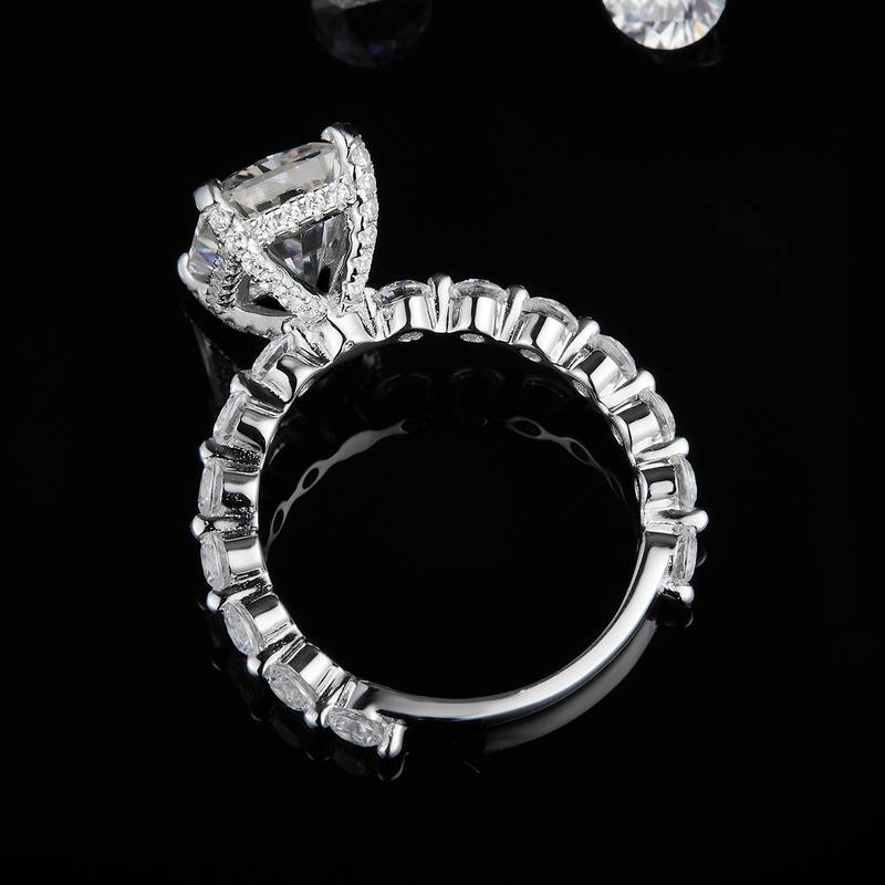 祖母绿切割女戒S925银镀白金定制选款主石莫桑钻4.0ct/副石高碳钻