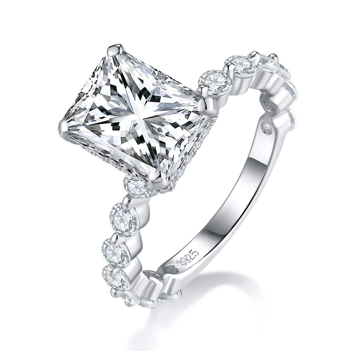 祖母绿切割女戒S925银镀白金定制选款主石莫桑钻4.0ct/副石高碳钻