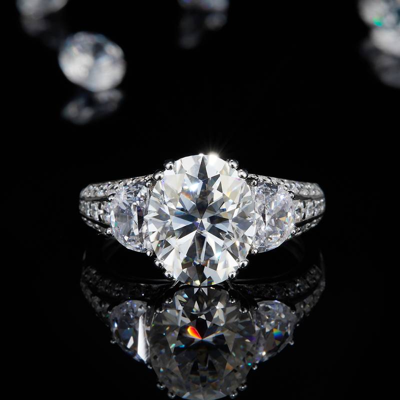 豪华三石Women's RingS925银镀白金Women's Ring定制选款主石Moissanite5.0ct/副石高碳钻