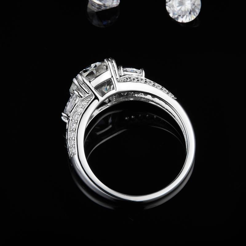 豪华三石Women's RingS925银镀白金Women's Ring定制选款主石Moissanite5.0ct/副石高碳钻