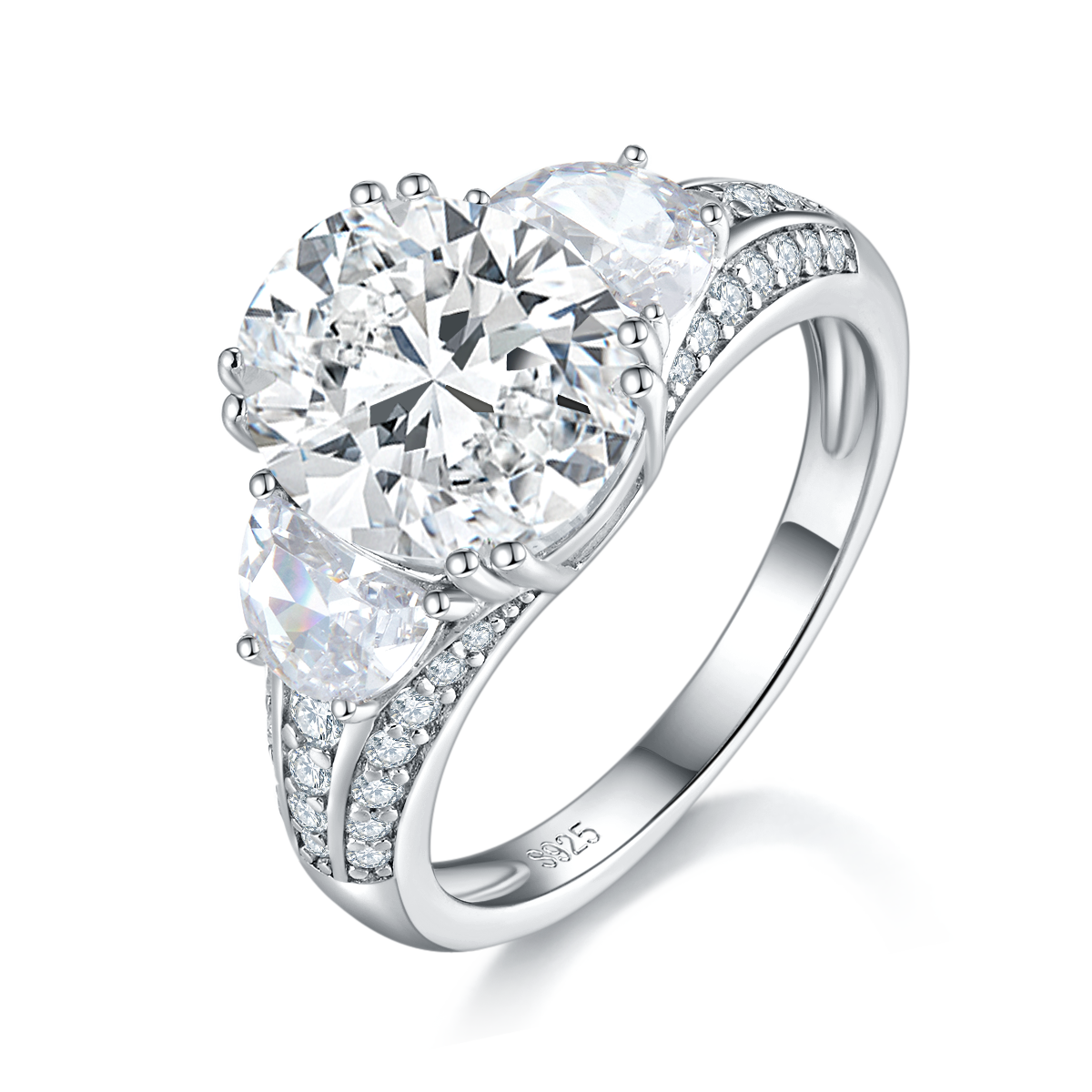 Luxury Three Stone Women's Ring S925 Silver Plated Platinum Women's Ring Customized Selection Main Stone Moissanite Diamond 5.0ct/Secondary Stone High Carbon Diamond