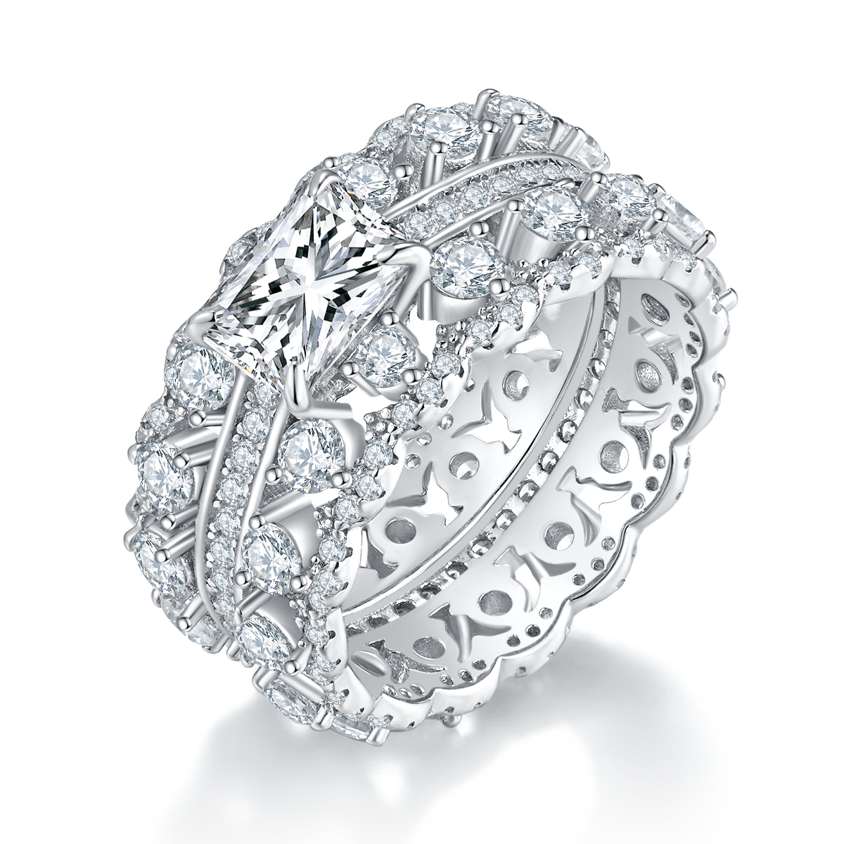 豪华满钻女戒S925银镀白金定制选款主石莫桑钻1.0ct/副石高碳钻