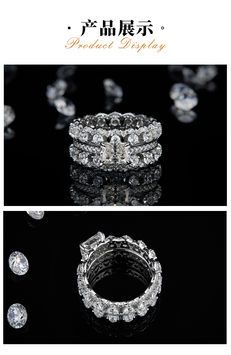 豪华满钻女戒S925银镀白金定制选款主石莫桑钻1.0ct/副石高碳钻 - 3