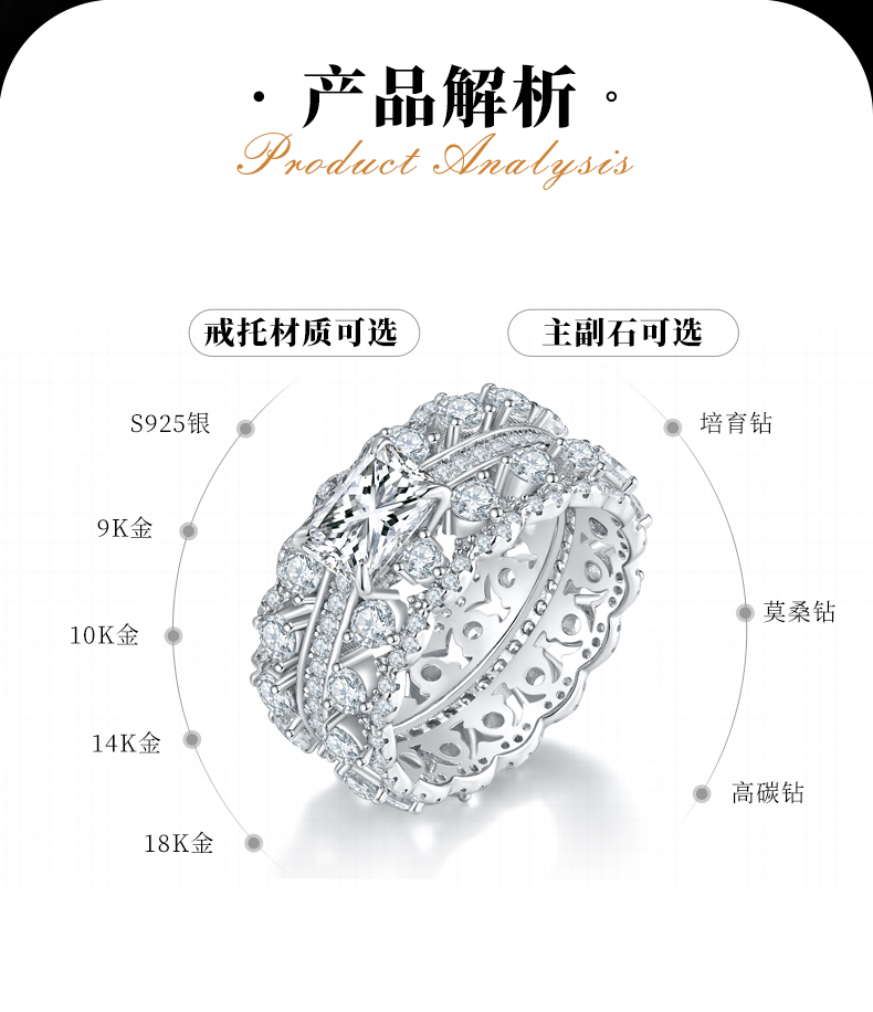 豪华满钻女戒S925银镀白金定制选款主石莫桑钻1.0ct/副石高碳钻 - 2