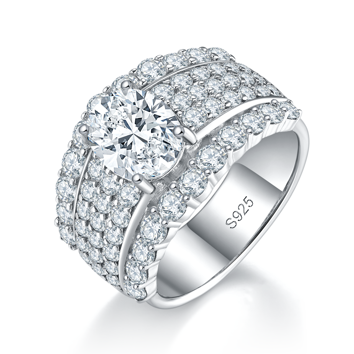 豪华满钻蛋形女戒S925银镀白金定制选款主石莫桑钻2.0ct/副石高碳钻