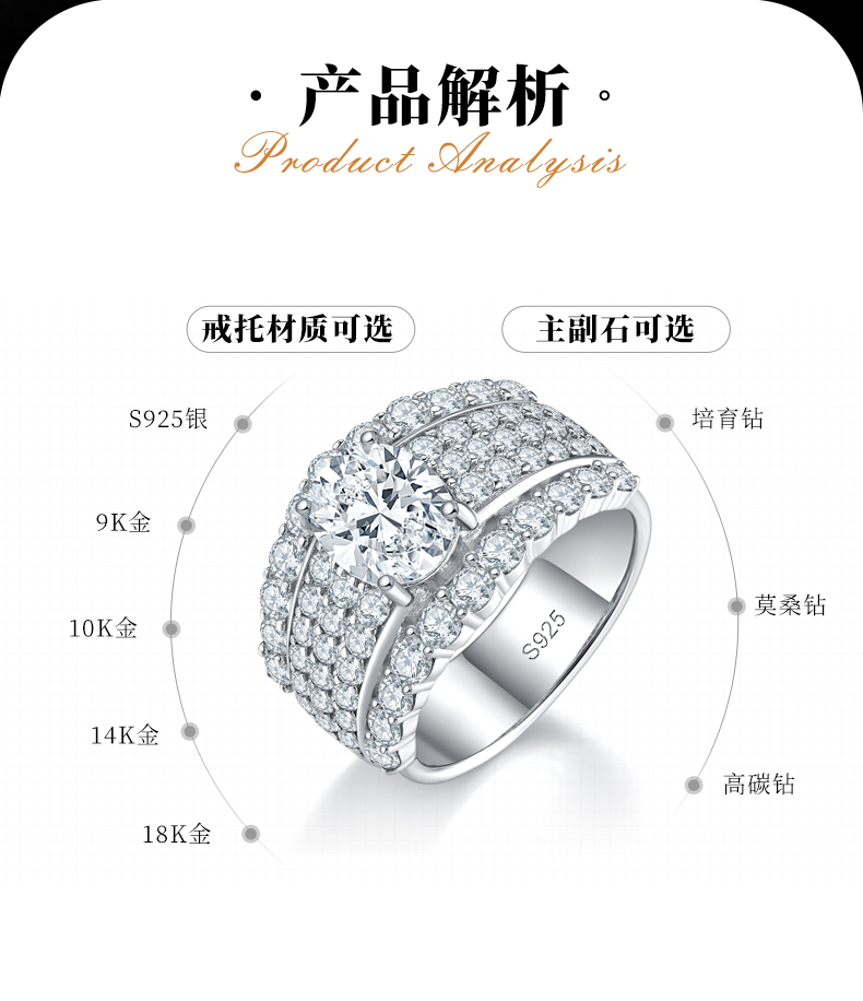 豪华满钻蛋形女戒S925银镀白金定制选款主石莫桑钻2.0ct/副石高碳钻 - 2