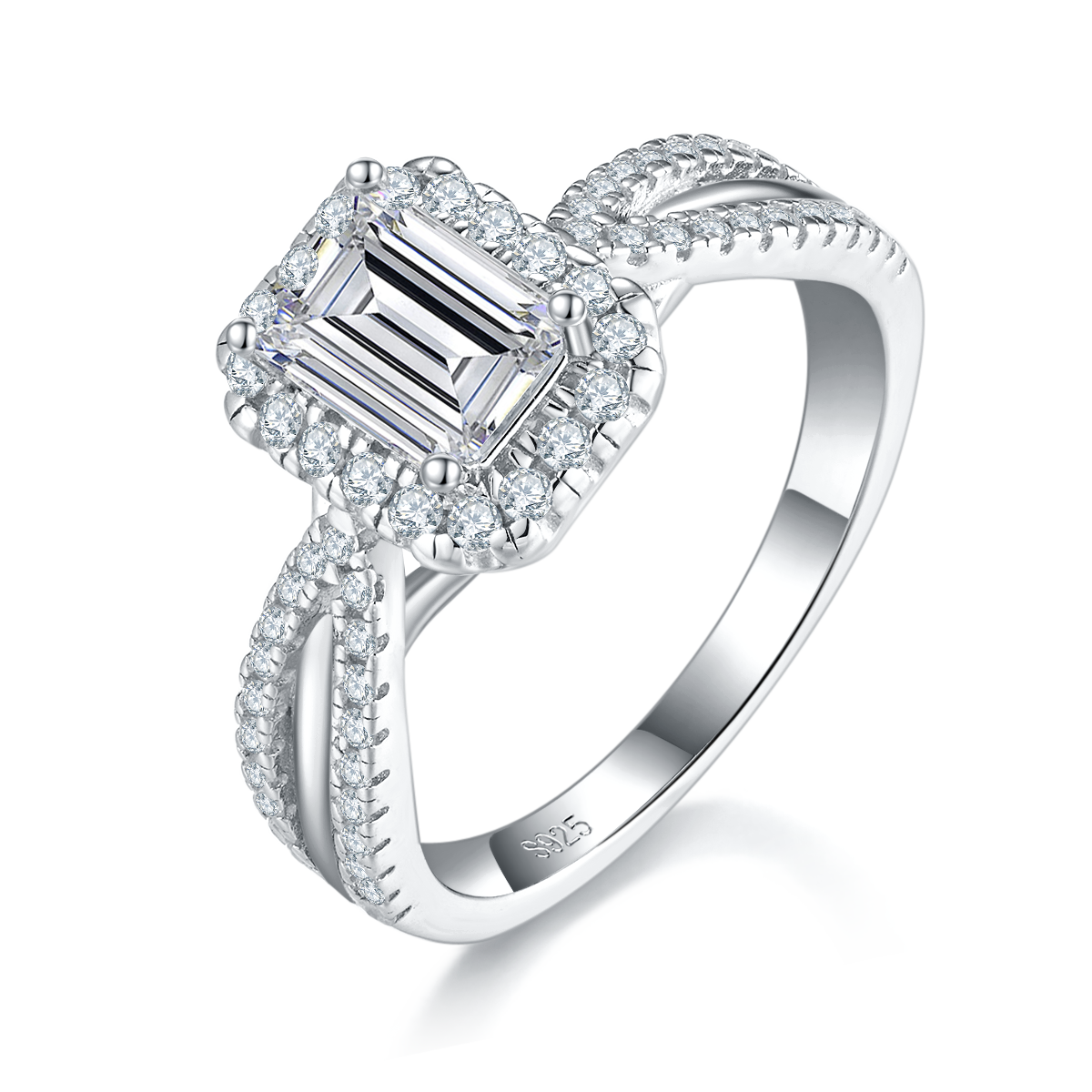 Light luxury emerald cut women's ring S925 silver plated platinum custom selection main stone Moissanite diamond 1.0ct/secondary stone high carbon diamond