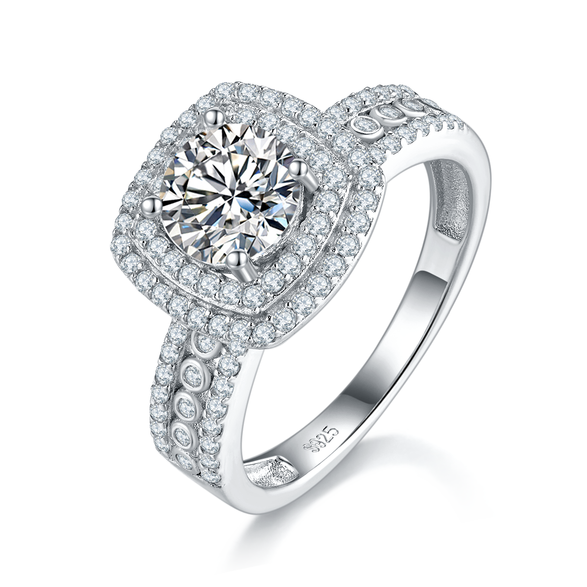 豪华方包女戒S925银镀白金定制选款主石莫桑钻1.0ct/副石高碳钻
