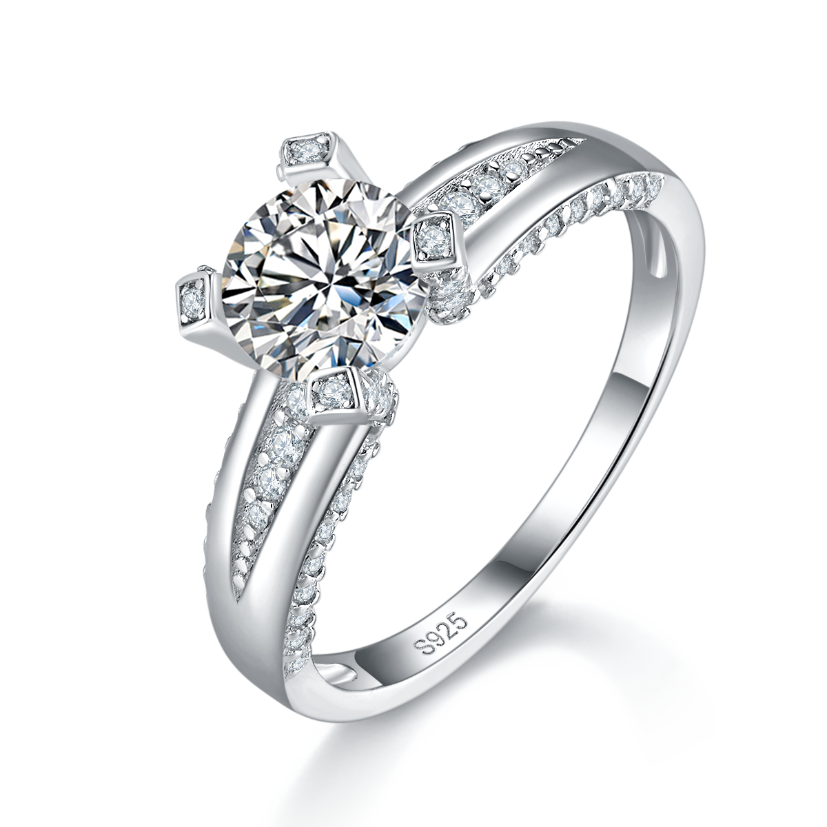 单头女戒S925银镀白金定制选款主石莫桑钻1.0ct/副石高碳钻