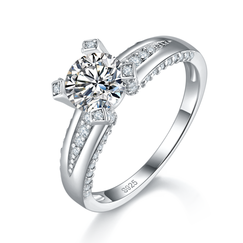 单头女戒S925银镀白金定制选款主石莫桑钻1.0ct/副石高碳钻
