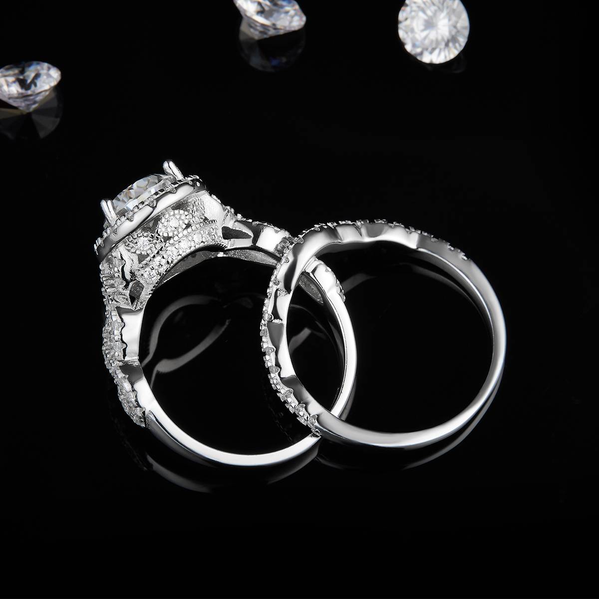 S925 Silver Plated Platinum Primary and Secondary Set Ring Stacked Women's Ring Customized Selection Main Stone Moissanite Diamond 2.5ct/Secondary Stone High Carbon Diamond