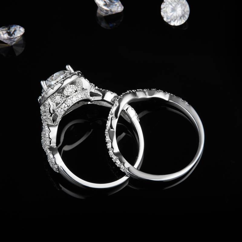 S925银镀白金主副套戒叠戴Women's Ring定制选款主石Moissanite2.5ct/副石高碳钻