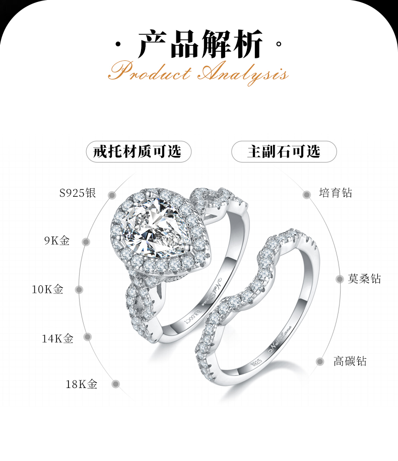 S925银镀白金主副套戒叠戴女戒定制选款主石莫桑钻2.5ct/副石高碳钻 - 2