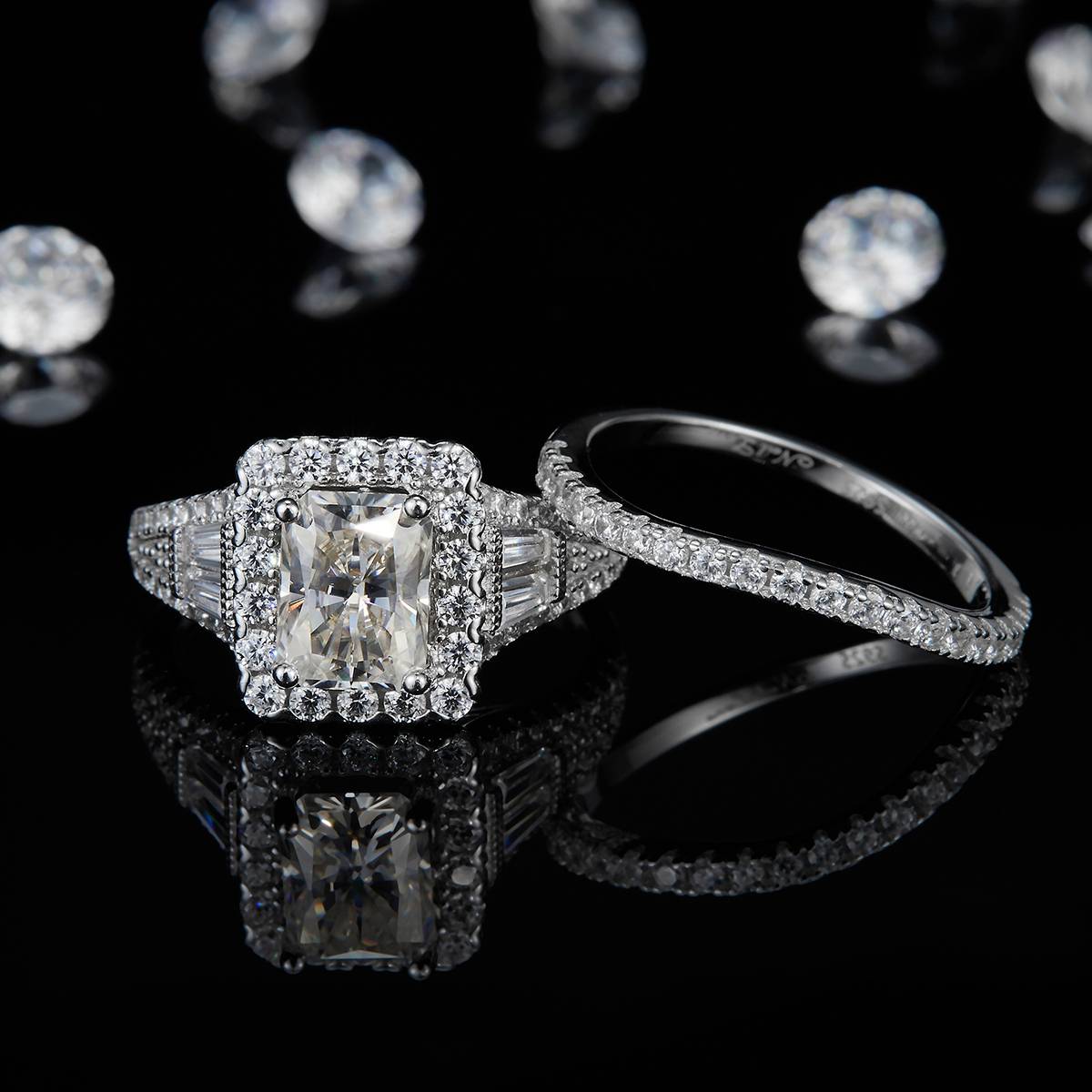 S925 Silver Plated Platinum Primary and Secondary Set Ring, Stacked Women's Ring, Customized Selection, Main Stone Moissanite Diamond 2.0ct/Secondary Stone High Carbon Diamond