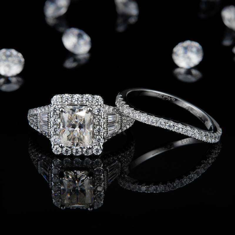 S925银镀白金主副套戒叠戴Women's Ring定制选款主石Moissanite2.0ct/副石高碳钻