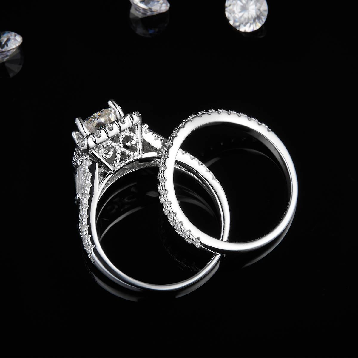 S925 Silver Plated Platinum Primary and Secondary Set Ring, Stacked Women's Ring, Customized Selection, Main Stone Moissanite Diamond 2.0ct/Secondary Stone High Carbon Diamond