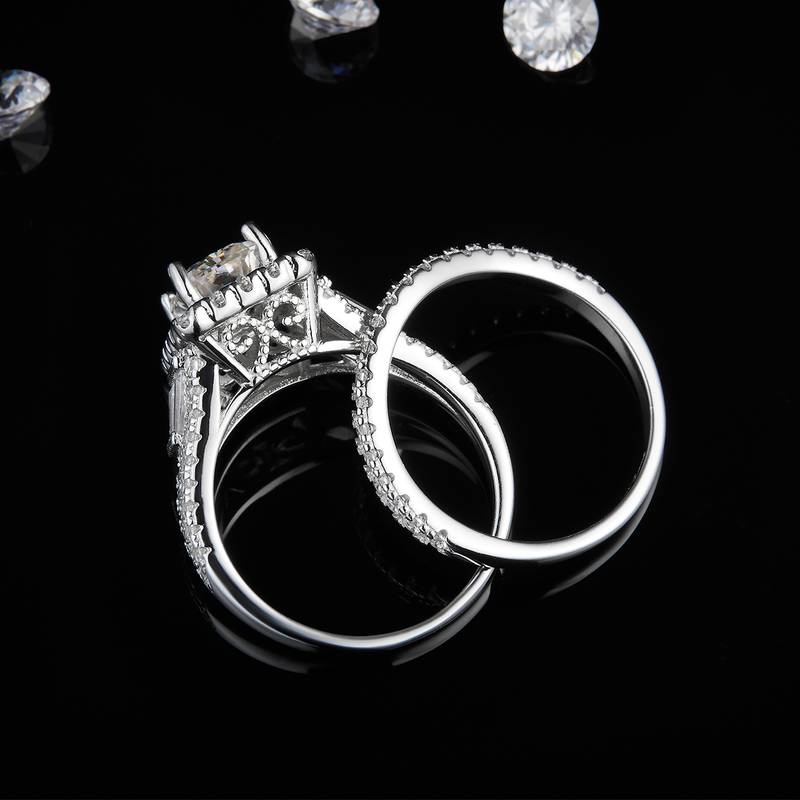 S925银镀白金主副套戒叠戴Women's Ring定制选款主石Moissanite2.0ct/副石高碳钻