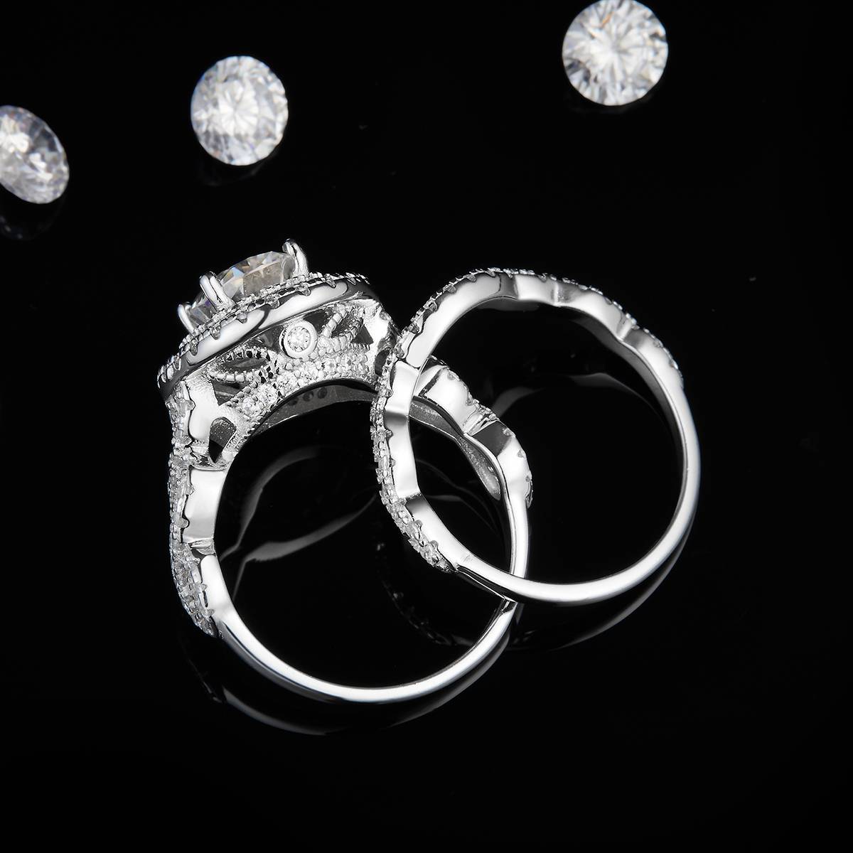 S925 Silver Plated Platinum Primary and Secondary Set Ring, Stacked Women's Ring, Customized Selection, Main Stone Moissanite Diamond 2.0ct/Secondary Stone High Carbon Diamond